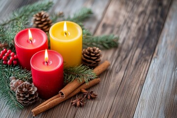 Poster - Three colorful candles burn brightly among pine sprigs and cinnamon sticks on a wooden surface, radiating festive cheer and inviting warmth during winter.