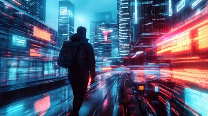 Poster - A commuter navigating a bustling cityscape filled with skyscrapers and neon lights, Urban scene, Dynamic style