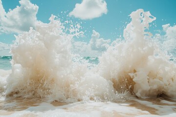 Aufkleber - A breathtaking image of a powerful ocean wave crashing on the shore, with a bright blue sky and fluffy white clouds, capturing nature's raw beauty and strength.