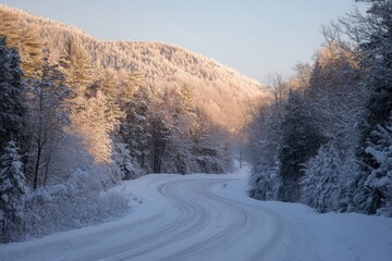 Poster - A scenic road enveloped in snow weaves through a forest, as the morning sun bathes the trees in a warm glow, creating a moment of serene beauty and hope.