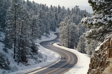 Poster - A picturesque, snow-blanketed road meandering through a dense pine forest, this winter scene evokes feelings of tranquility and a yearning for adventure.