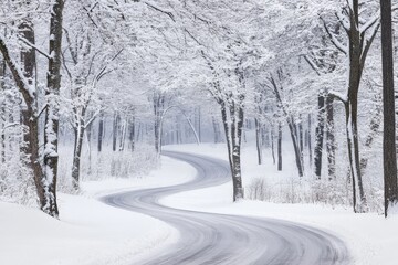 A captivating road, covered in fresh snow, winds gracefully through a forest, with tall trees in various shades of green and white lined along its picturesque path.