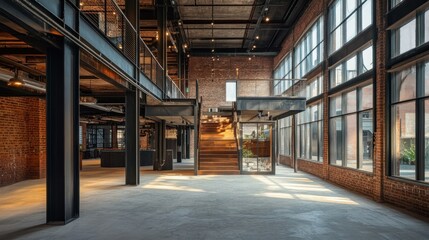 Poster - Interior of a Modern Industrial Building with Brick Walls and Large Windows