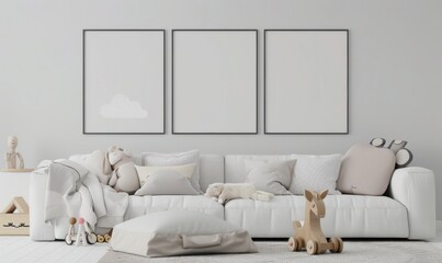 Modern living room interior with white sofa and three blank picture frames on the wall