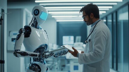 Poster - the intersection of medicine and technology a doctor collaborating with a robot in healthcare innova