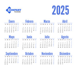 Vertical simple pocket calendar on 2025 year, spanish. Week starts from Monday. Vector template calendar for business on white background.