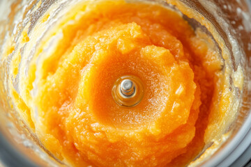 Wall Mural - Baby food, vegetable puree close-up. Apple-carrot puree chopped in a blender.