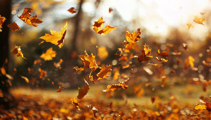 autumn leaves blowing in the wind in a forest