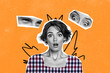 © deagreez - Creative photo collage picture young astonished impressed woman face fragments cutouts oversee look espionage drawing background