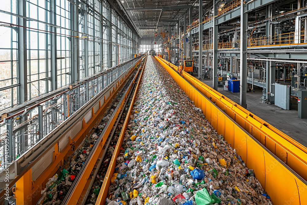 Recycling facility with overflowing conveyor belt of plastic waste ...