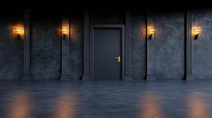 Poster - The hallway showcases a dark door framed by four stylish wall sconces casting a warm glow, highlighting the sleek, polished floor and rich textures of the surrounding walls