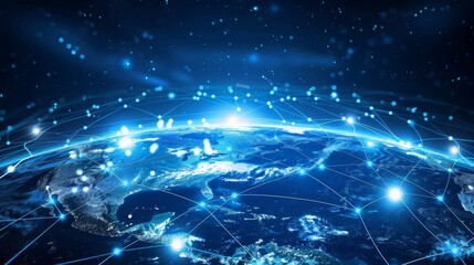 Earth with a network of digital lines showing global telecommunication and cryptocurrency