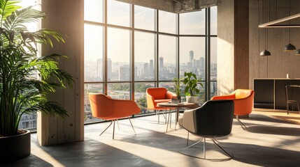 Poster - A creative composition of a stylishly designed co-working space with ergonomic furniture and a large window overlooking a cityscape, Professional scene, Chic style