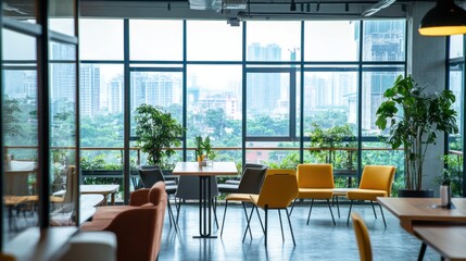 Poster - A creative composition of a stylishly designed co-working space with ergonomic furniture and a large window overlooking a cityscape, Professional scene, Chic style