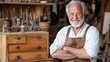 © angel_nt - An experienced carpenter stands confidently in his workshop, arms crossed, surrounded by an array of woodworking tools and finely crafted wooden drawers, reflecting years of dedication
