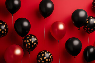 Sticker - Red and black party balloons floating over red background