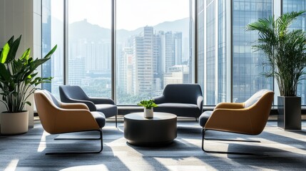 Poster - A creative composition of a stylishly designed co-working space with ergonomic furniture and a large window overlooking a cityscape, Professional scene, Chic style
