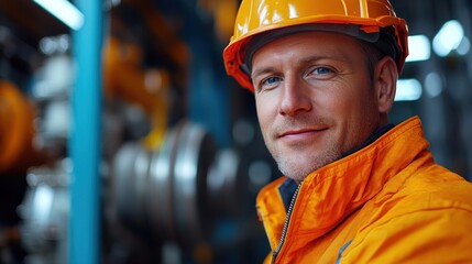 Wearing an orange safety jacket and helmet, a worker stands in a well-lit industrial area, ensuring operations run smoothly. His expression conveys dedication and professionalism