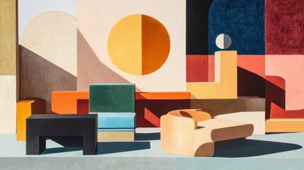 Poster - Abstract Geometric Composition with Furniture and Shadows
