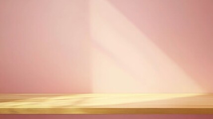Poster - A golden shelf sits against a soft pink wall, illuminated by gentle sunlight creating a warm and inviting atmosphere that enhances the simple elegance of the decor