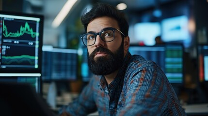 Poster - A young professional sits at a desk in a contemporary office surrounded by multiple screens displaying stock market charts, concentrating on financial analysis during the late afternoon