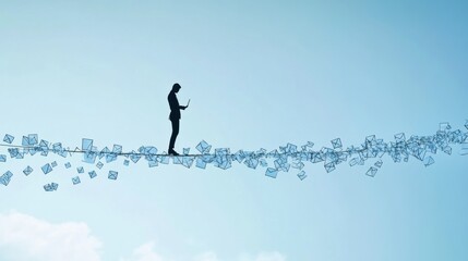 Fototapete - A creative depiction of a person balancing on a beam made of emails and texts, symbolizing the balancing act required to manage digital communication in daily life, Abstract background
