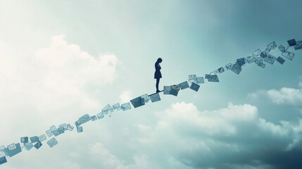 Fototapete - A creative depiction of a person balancing on a beam made of emails and texts, symbolizing the balancing act required to manage digital communication in daily life, Abstract background