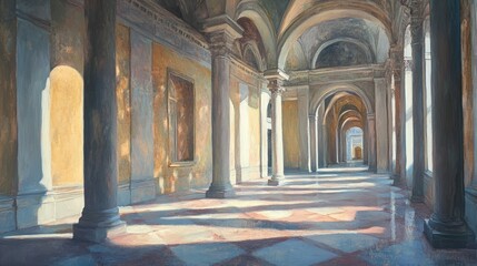Poster - Sunlit Arched Hallway with Stone Pillars and Tiles