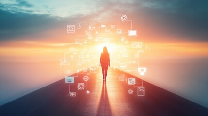 Poster - A creative depiction of a person walking on a path made of social media icons leading to a bright horizon, symbolizing the influence of digital connectivity on future aspirations, Abstract setting