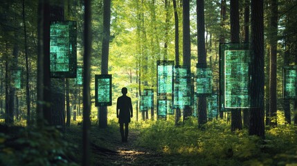 Fototapete - A creative depiction of a person walking through a forest where trees have screens as leaves, representing the integration of technology into natural and daily life, Forest setting