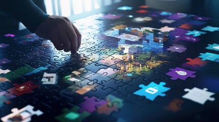 Poster - A creative scene of a person assembling a giant digital puzzle from floating app icons and productivity tools, with a completed image of a balanced lifestyle at the center