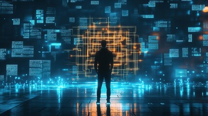 Wall Mural - Man Standing Before Digital Maze Visualization