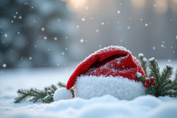 Santa hat covered in snow with pine branches and snowfall