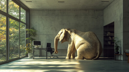 A 3D render of an elephant sitting inside an office, symbolizing the concept of unsolved problems.



