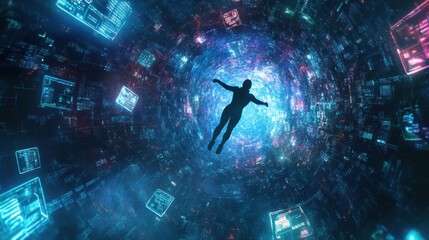Fototapete - A creative scene of a person floating through a cosmic landscape of swirling data streams and glowing productivity icons, symbolizing the exploration and navigation of modern digital spaces