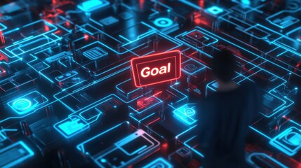 Aufkleber - A creative scene of a person navigating a maze of digital devices and social media icons while trying to find an exit marked by a glowing “Goal” sign