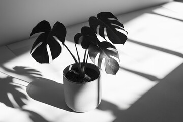 Poster - A black and white image of a potted plant with large leaves, dramatically highlighted by striking shadows against a minimalist background, portraying elegance and simplicity.