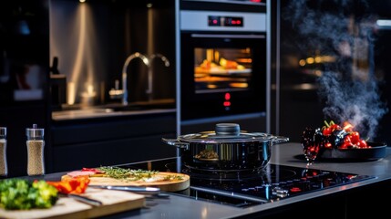 Poster - A creative shot of a smart kitchen appliance making a gourmet meal with detailed controls visible, Culinary scene, Sleek style