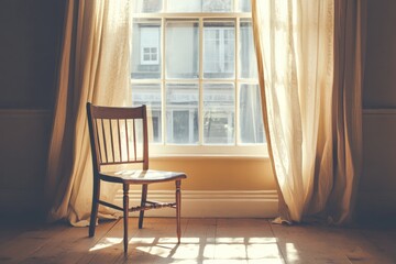 Poster - A solitary wooden chair sits by a sunlit window, curtains drawn aside to reveal a warm glow spreading across the rustic room, casting peaceful shadows.