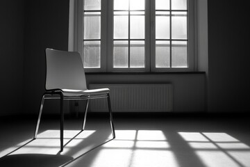 Poster - A lone chair sits in front of a window casting sunlight shadows, creating a serene atmosphere in an otherwise dimly lit, minimalist, and tranquil room interior.