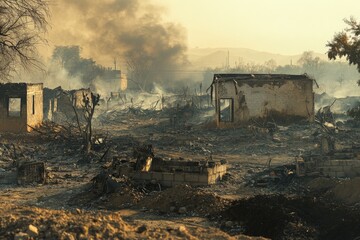 The image captures a smoke-filled urban landscape with ruins of buildings, revealing extensive devastation and a somber atmosphere under a muted sky.