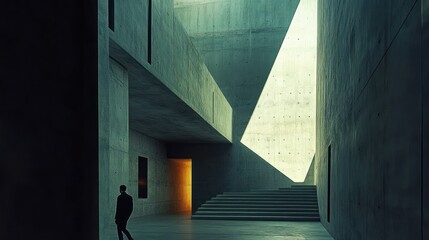Poster - A solitary figure walking towards a bright doorway in a concrete hallway