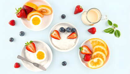 Fruity breakfast set png transparent background in flat lay style isolated with white highlights, png