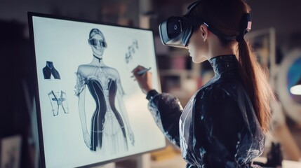 Poster - A designer sketching futuristic fashion concepts in a virtual reality design studio, Fashion design scene, Virtual style