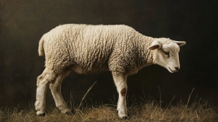 Poster - A Single White Sheep Standing in a Field of Dry Grass