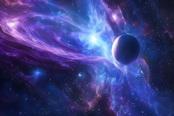 surreal cosmic landscape with nebulae, stars and swirling planets. with glowing blue and purple tone