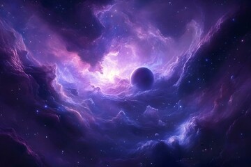 surreal cosmic landscape with nebulae, stars and swirling planets. with glowing blue and purple tone
