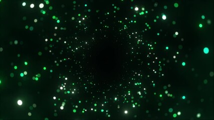 Wall Mural - Abstract emerald bokeh background, shimmering green particles swirling in rhythmic motion, sparkling effects creating enchanting New Year or Christmas holiday atmosphere, copy space.