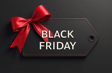 Black Friday sale tag with red bow on black background. Vector illustration.