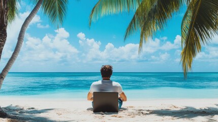 Poster - A digital nomad working from a picturesque beach with a laptop and tropical backdrop, Remote work scene, Tropical style